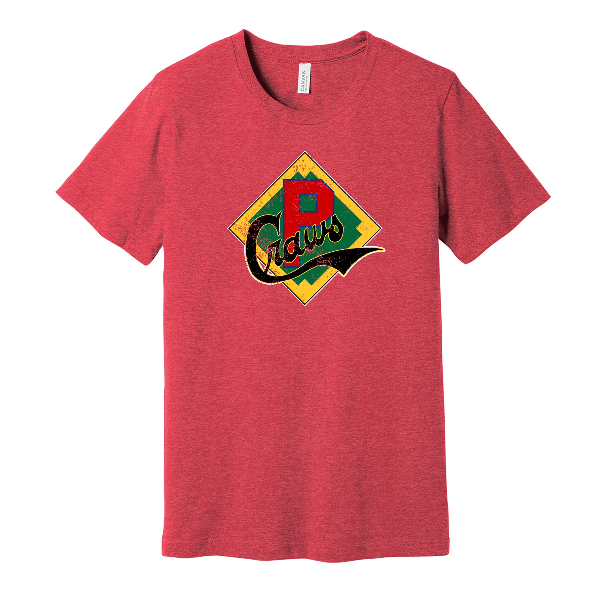 Pittsburgh Crawfords vintage distressed badge logo red t-shirt featuring the classic Negro League baseball team logo in a retro worn style by Hyper Than Hype Shirts.