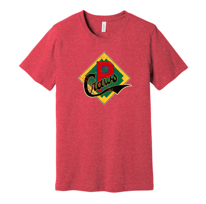 Pittsburgh Crawfords vintage distressed badge logo red t-shirt featuring the classic Negro League baseball team logo in a retro worn style by Hyper Than Hype Shirts.