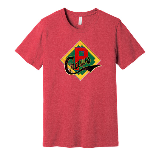 Pittsburgh Crawfords vintage distressed badge logo red t-shirt featuring the classic Negro League baseball team logo in a retro worn style by Hyper Than Hype Shirts.