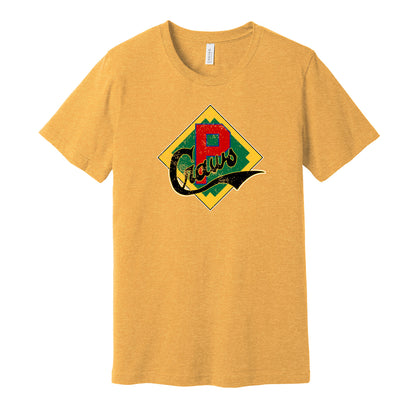 Pittsburgh Crawfords vintage distressed badge logo gold t-shirt featuring the classic Negro League baseball team logo in a retro worn style by Hyper Than Hype Shirts.