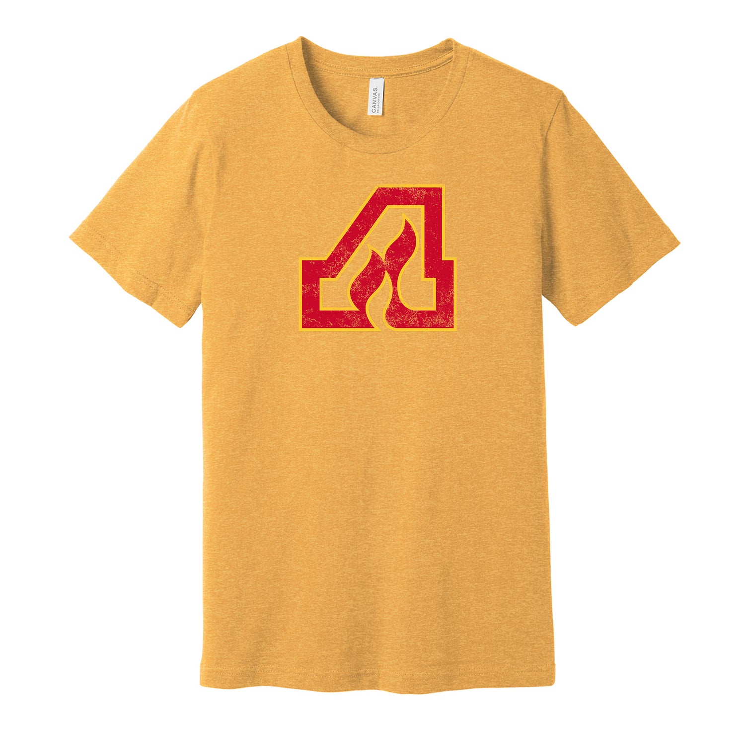 Atlanta Flames vintage distressed logo gold t-shirt featuring the classic 1970s NHL hockey team logo in a retro worn style by Hyper Than Hype Shirts.