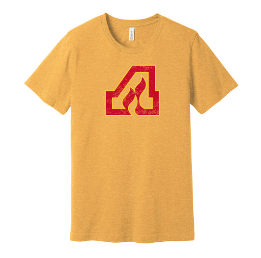 Atlanta Flames vintage distressed logo gold t-shirt featuring the classic 1970s NHL hockey team logo in a retro worn style by Hyper Than Hype Shirts.