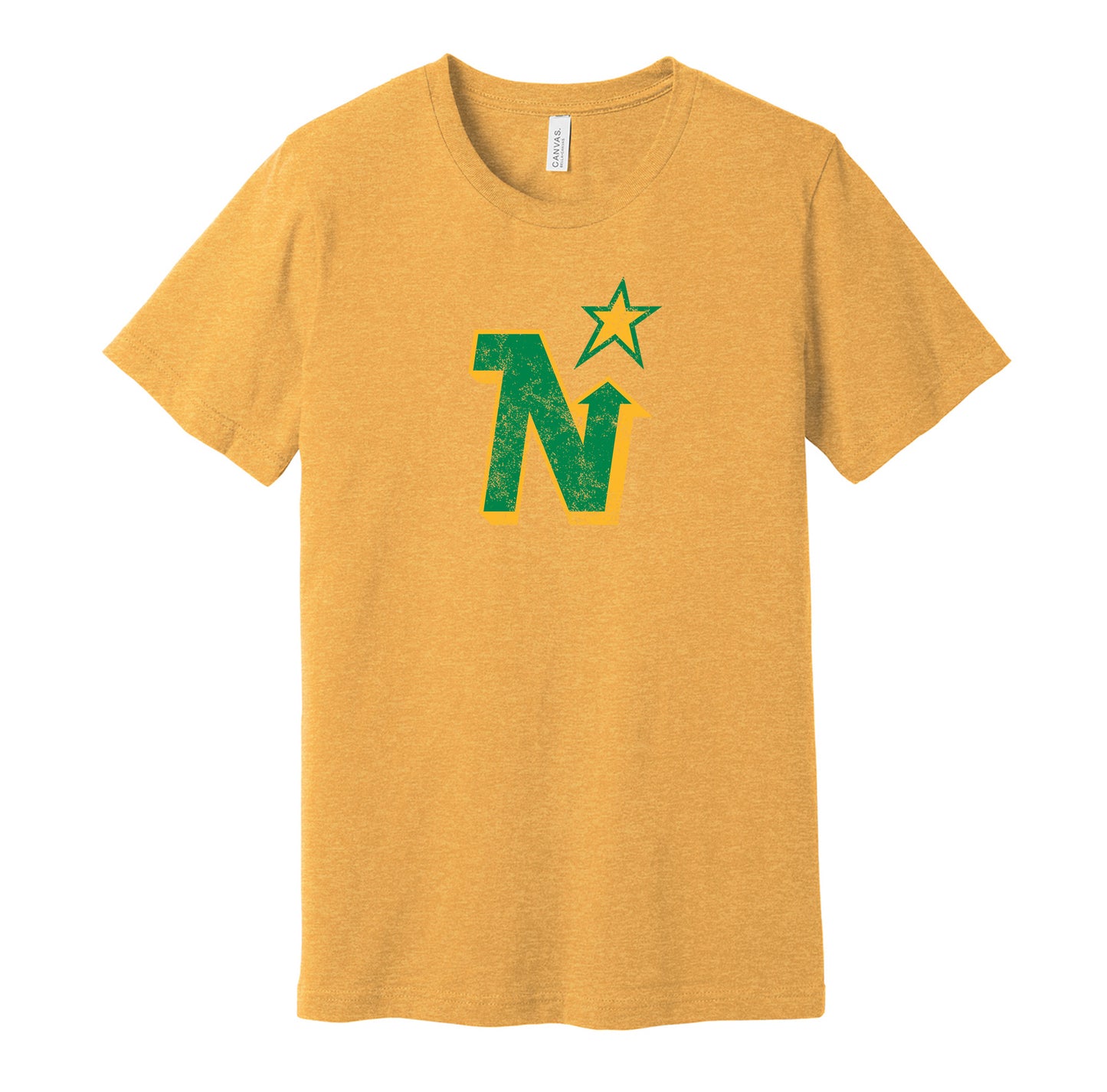 Minnesota North Stars vintage distressed logo gold t-shirt featuring the classic hockey team logo in a retro worn style by Hyper Than Hype Shirts.