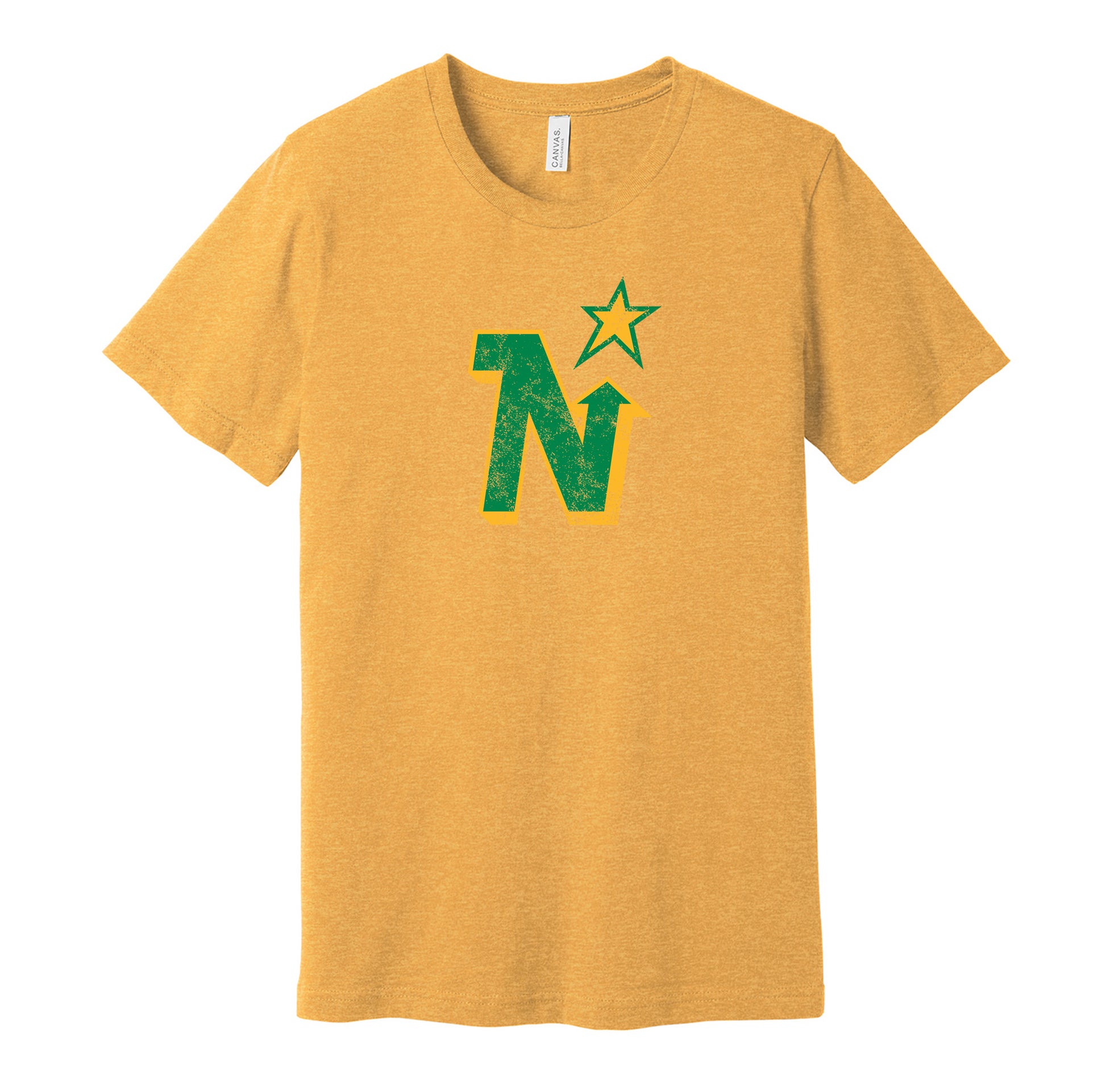 Minnesota North Stars vintage distressed logo gold t-shirt featuring the classic hockey team logo in a retro worn style by Hyper Than Hype Shirts.