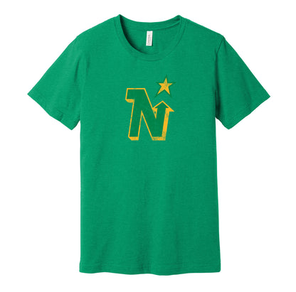 Minnesota North Stars vintage distressed logo green t-shirt featuring the classic hockey team logo in a retro worn style by Hyper Than Hype Shirts.