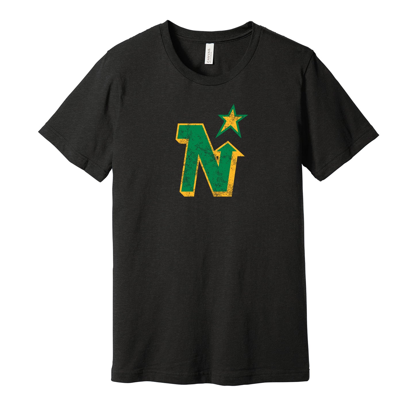Minnesota North Stars vintage distressed logo black t-shirt featuring the classic hockey team logo in a retro worn style by Hyper Than Hype Shirts.