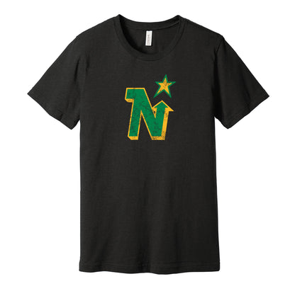 Minnesota North Stars vintage distressed logo black t-shirt featuring the classic hockey team logo in a retro worn style by Hyper Than Hype Shirts.