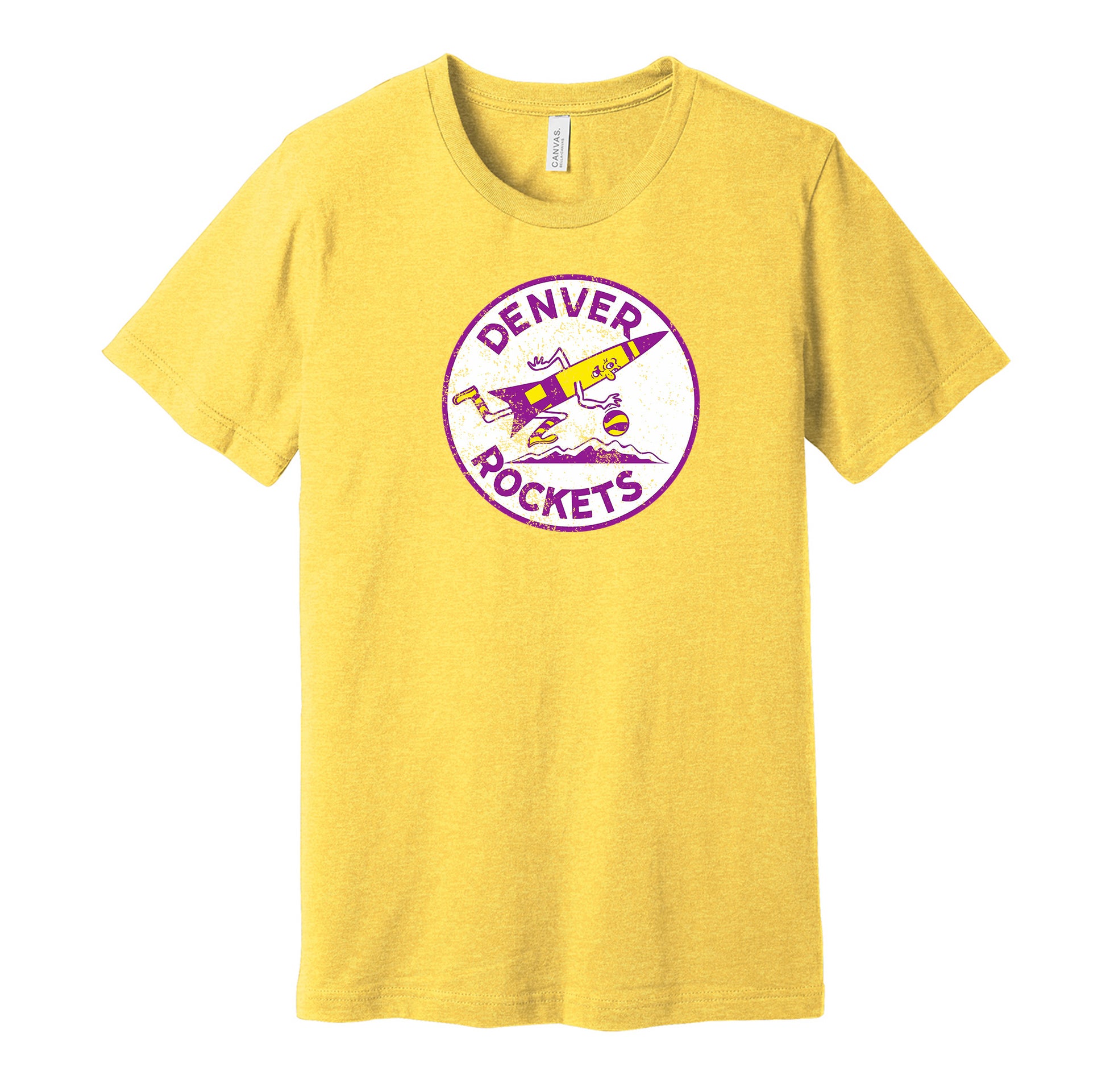 Denver Rockets vintage distressed logo yellow t-shirt featuring the classic ABA basketball team logo in a retro worn style by Hyper Than Hype Shirts.