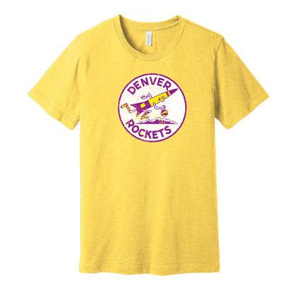 Denver Rockets vintage distressed logo yellow t-shirt featuring the classic ABA basketball team logo in a retro worn style by Hyper Than Hype Shirts.