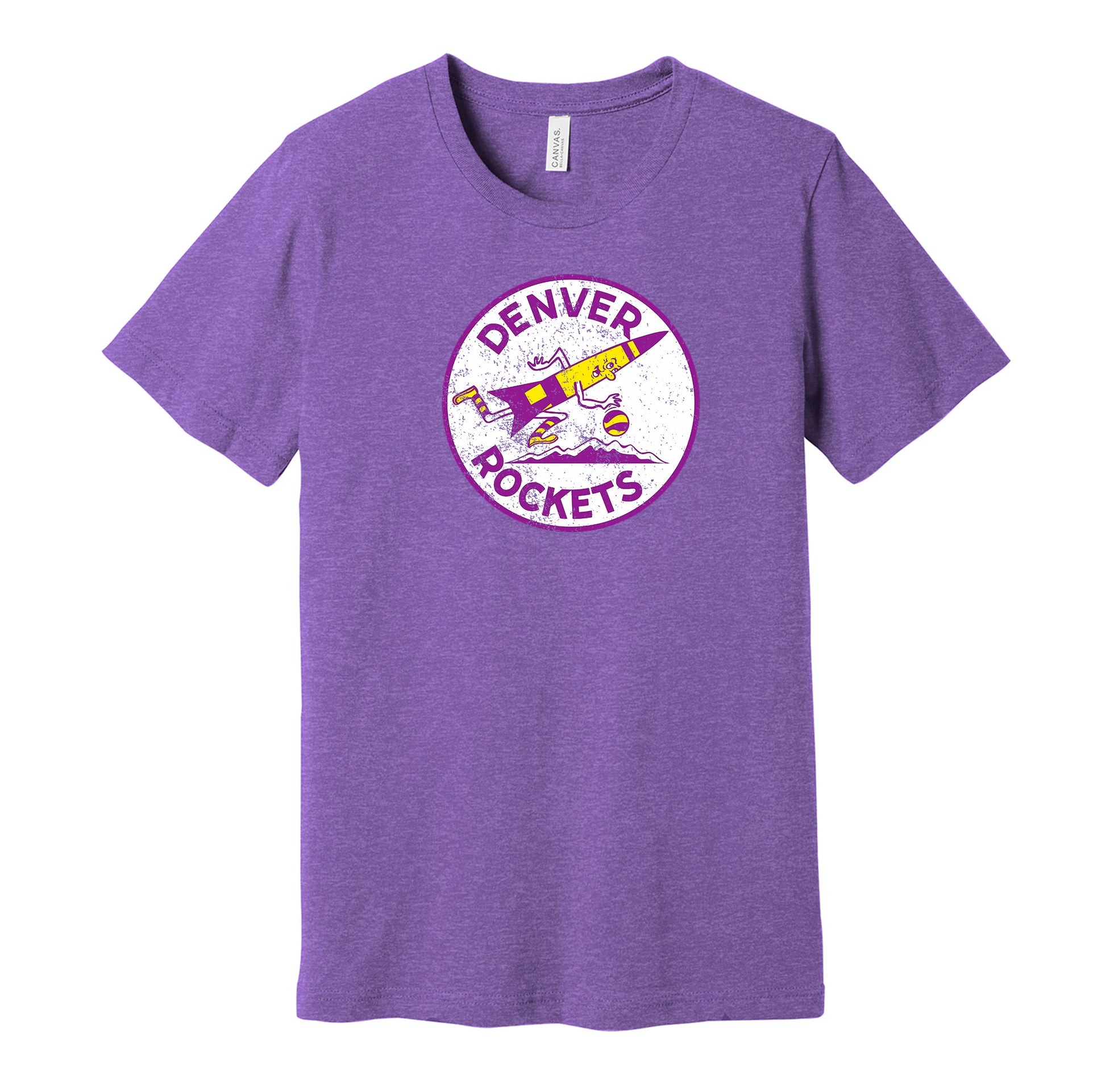 Denver Rockets vintage distressed logo purple t-shirt featuring the classic ABA basketball team logo in a retro worn style by Hyper Than Hype Shirts.