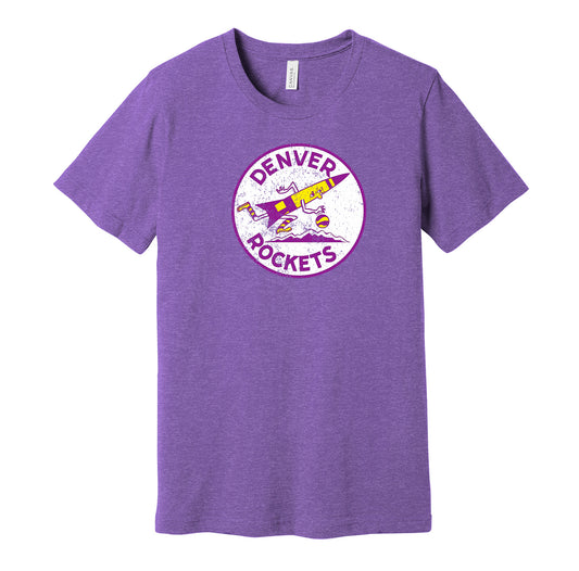 Denver Rockets vintage distressed logo purple t-shirt featuring the classic ABA basketball team logo in a retro worn style by Hyper Than Hype Shirts.