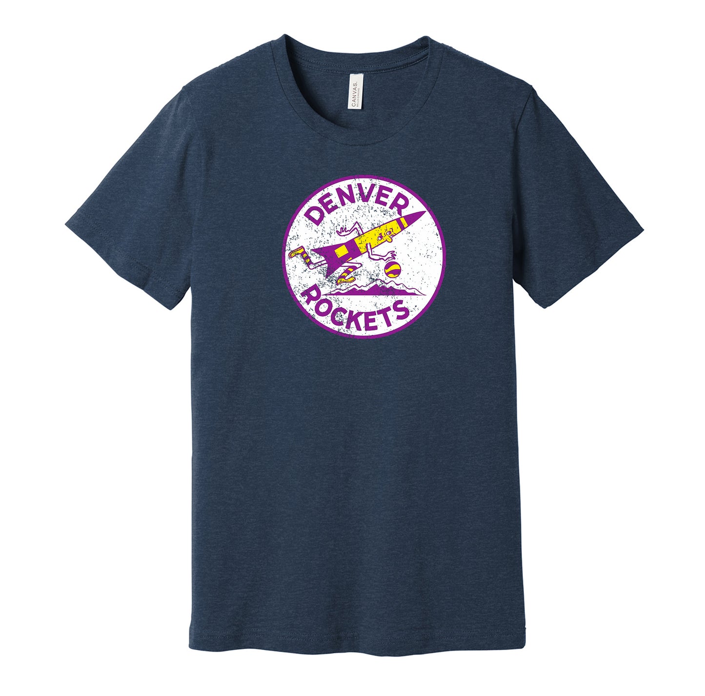 Denver Rockets vintage distressed logo navy t-shirt featuring the classic ABA basketball team logo in a retro worn style by Hyper Than Hype Shirts.