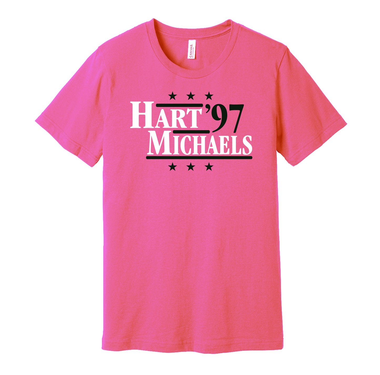 Professional wrestling retro political campaign parody pink t-shirt featuring Bret Hart and Shawn Michaels '97, designed in a vintage election style by Hyper Than Hype Shirts.
