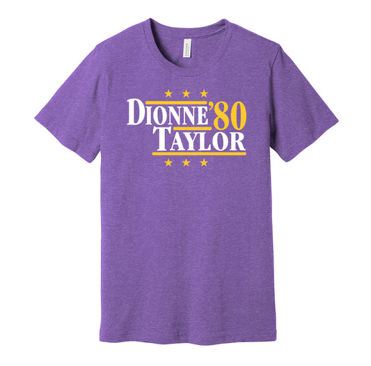 Los Angeles Kings retro political campaign parody purple t-shirt featuring Marcel Dionne and Dave Taylor '80, designed in a vintage election style by Hyper Than Hype Shirts.
