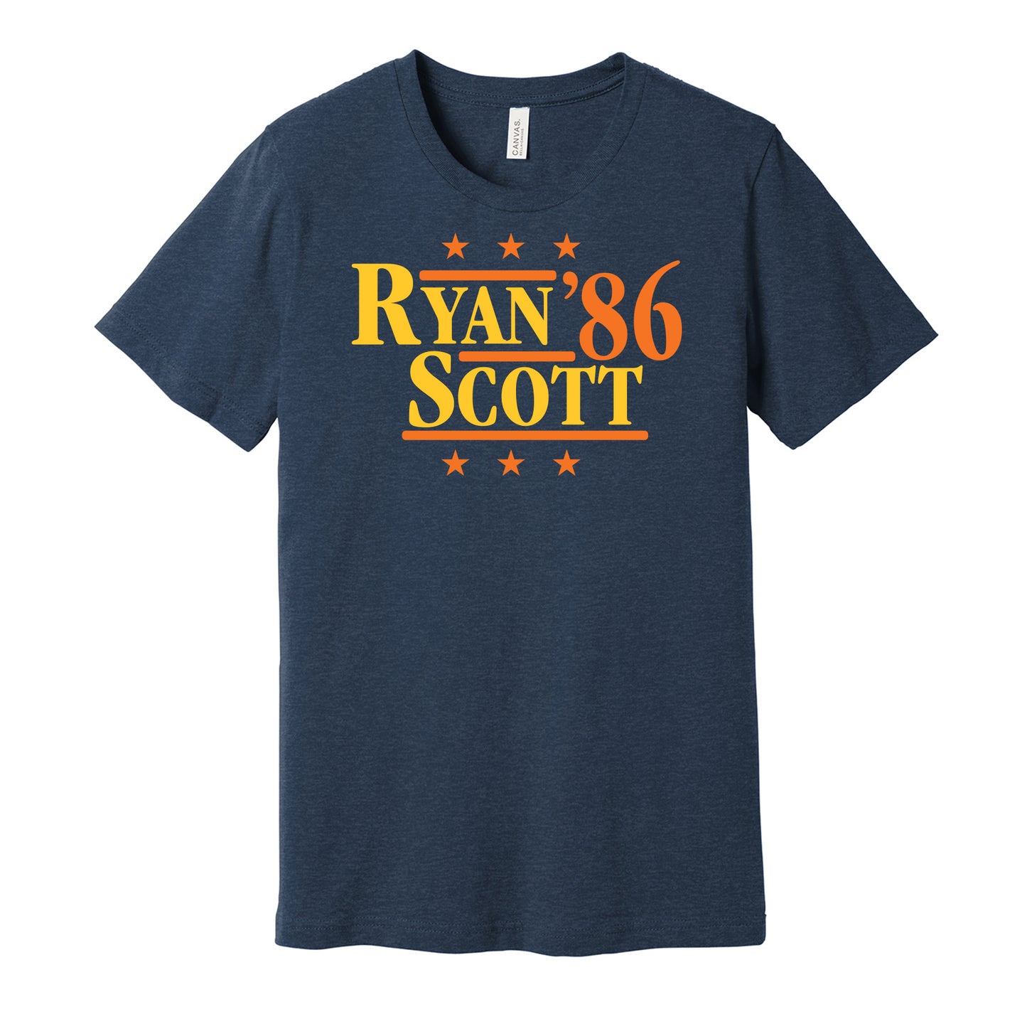 Houston Astros retro political campaign parody navy t-shirt featuring Nolan Ryan and Mike Scott '86, designed in a vintage election style by Hyper Than Hype Shirts.