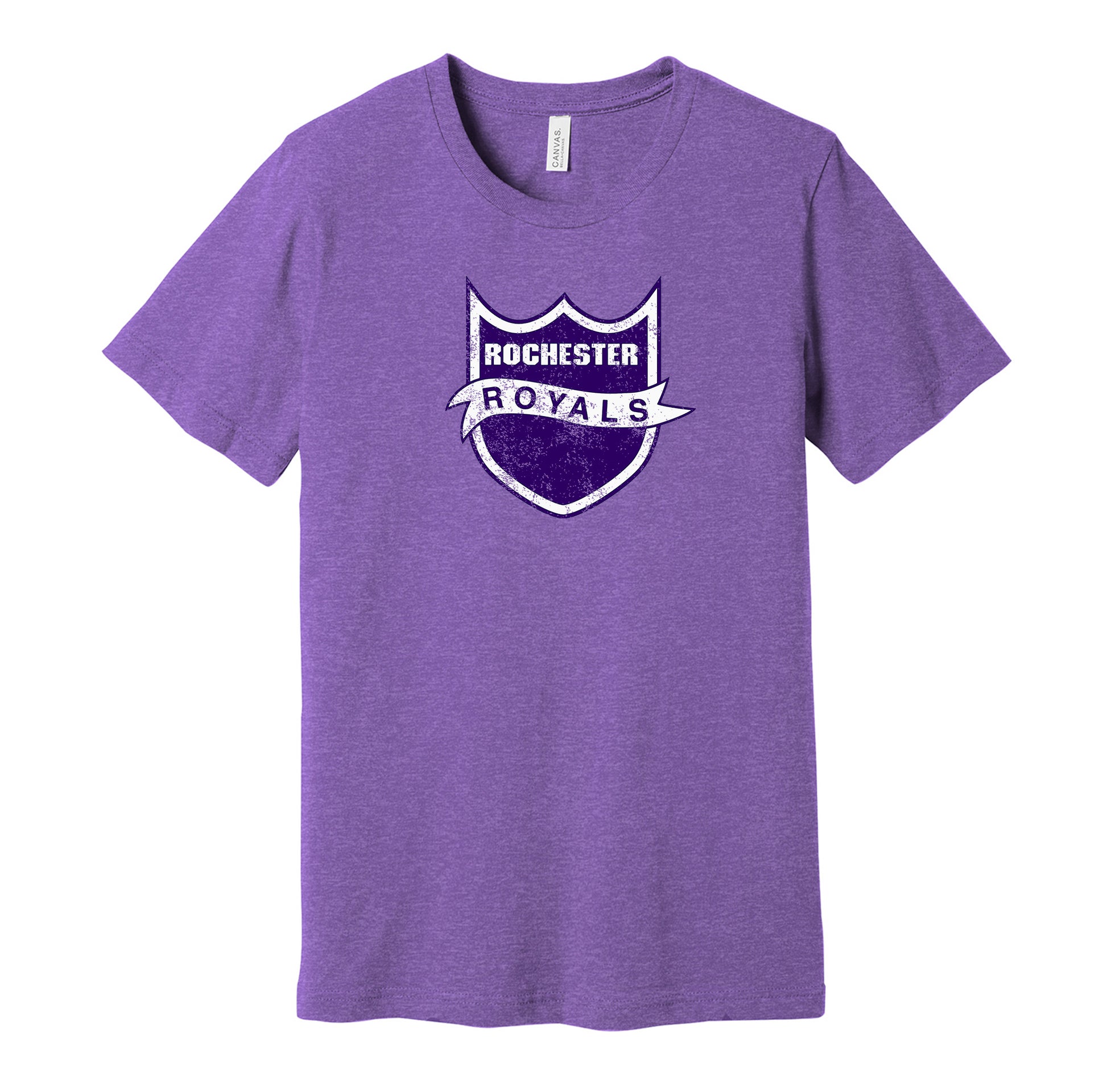 Rochester Royals vintage distressed logo purple t-shirt featuring the classic 1950s basketball team logo in a retro worn style by Hyper Than Hype Shirts.