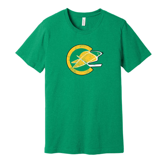 California Golden Seals vintage distressed logo green t-shirt featuring the classic 1970s NHL hockey team logo in a retro worn style by Hyper Than Hype Shirts.