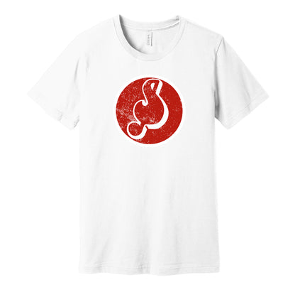 Memphis Sounds vintage distressed logo white t-shirt featuring the classic ABA basketball team logo in a retro worn style by Hyper Than Hype Shirts.