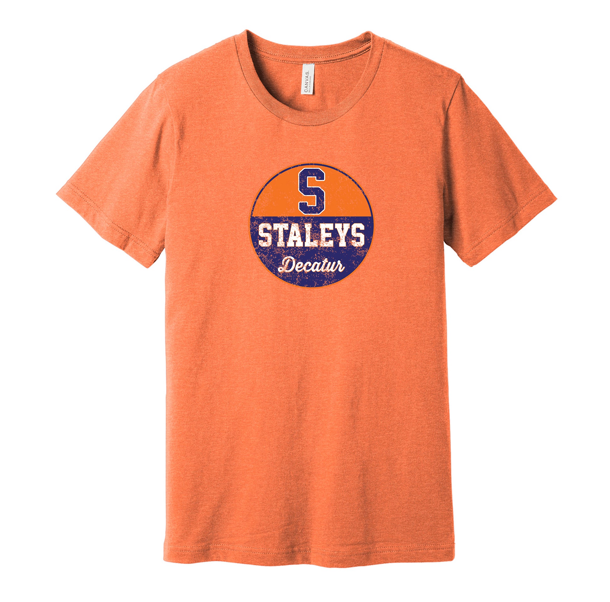 Decatur Staleys vintage distressed logo orange t-shirt featuring the classic early Chicago Bears football team logo in a retro worn style by Hyper Than Hype Shirts.