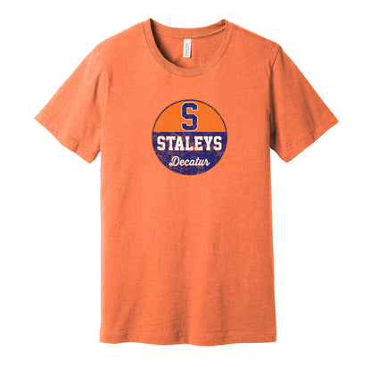 Decatur Staleys vintage distressed logo orange t-shirt featuring the classic early Chicago Bears football team logo in a retro worn style by Hyper Than Hype Shirts.