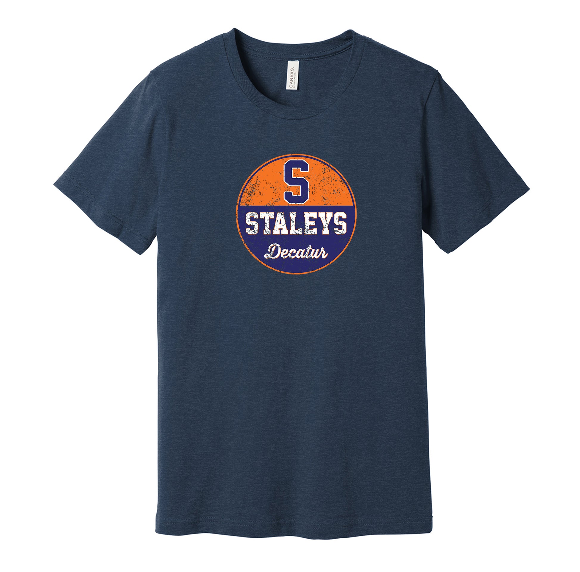 Decatur Staleys vintage distressed logo navy t-shirt featuring the classic early Chicago Bears football team logo in a retro worn style by Hyper Than Hype Shirts.